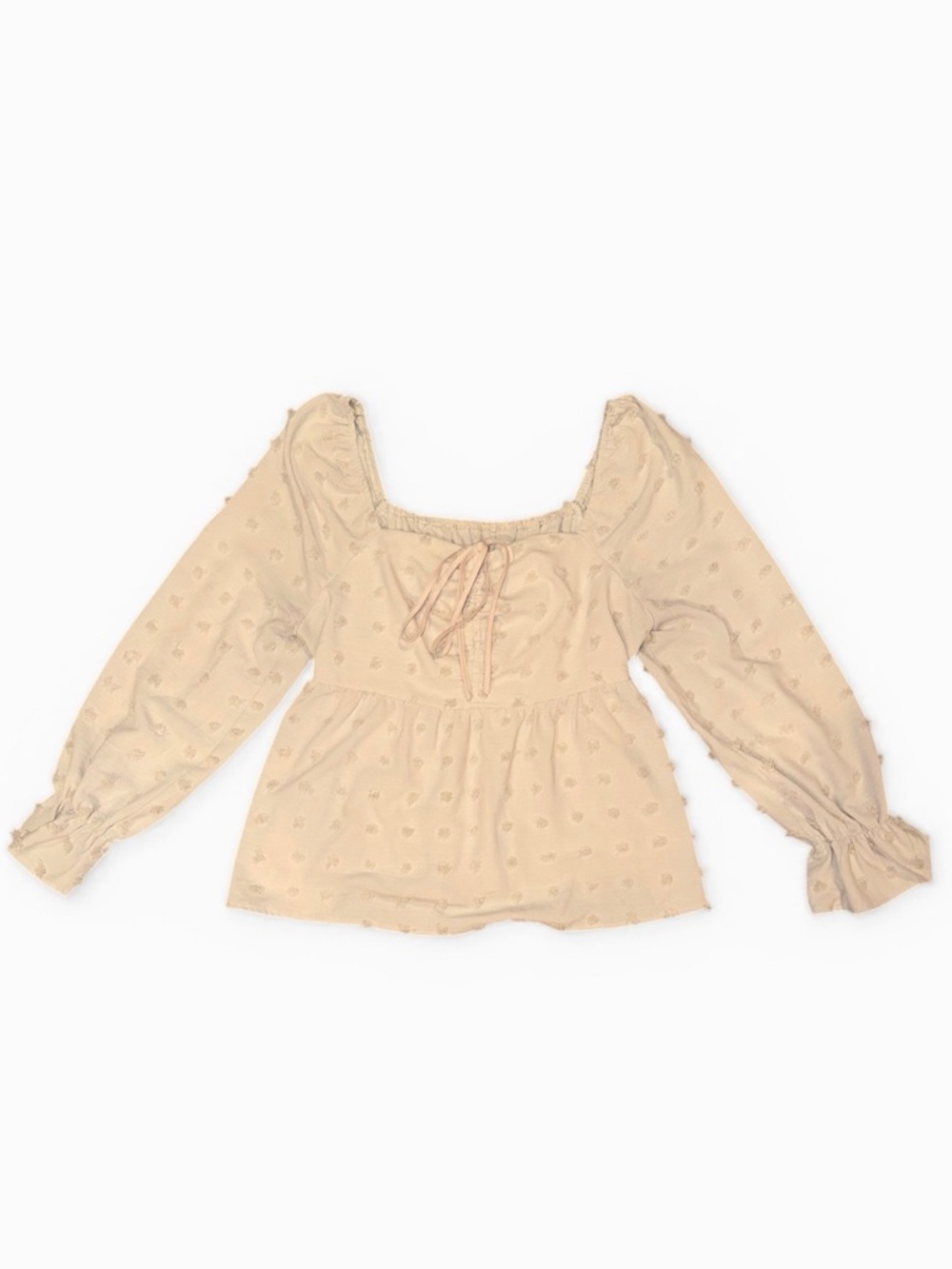 SHEIN Cream Swiss Dot Peasant Blouse with Front Tie